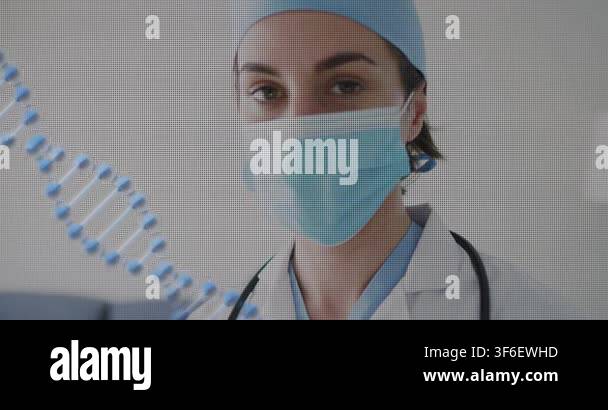 Clinician opening eyes on focus, meeting gaze, DNA helix overlay ...