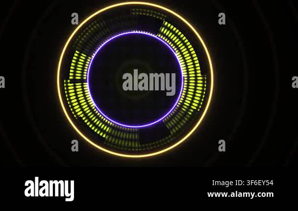 Neon circle light technology background with yellow and purple glow ...