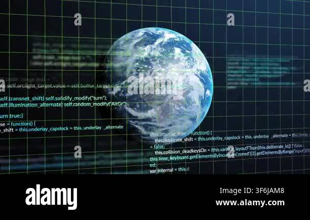 Earthlike planet rotating in grid, code blocks sliding after scan line ...