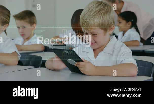 Kids tapping tablets, boy starting file transfer for class while ...
