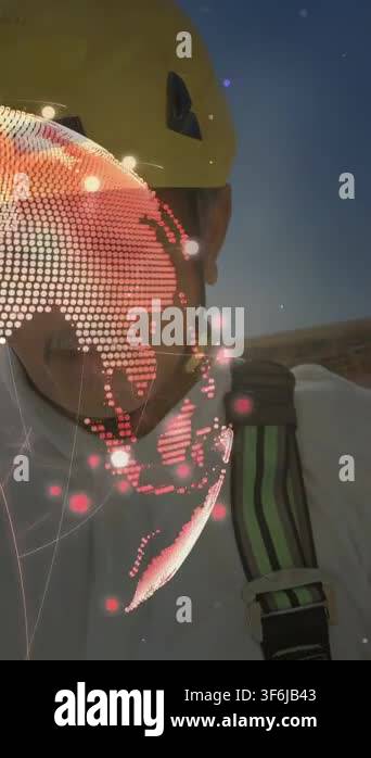 Vertical video: Worker in hard hat tapping phone, AR globe rotating in ...