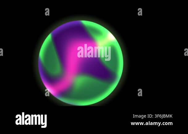 Glowing neon sphere with purple and green colors on a black background ...