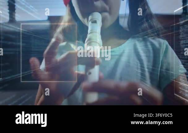 Girl placing recorder to lips, fingering notes, zooming out, overlays ...