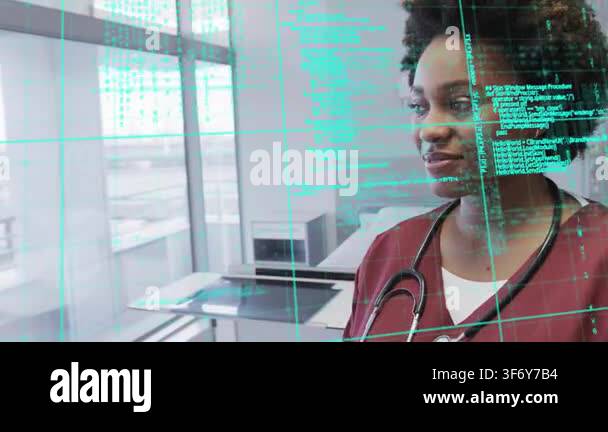 Medical woman in scrubs responding to camera approach, turning and ...