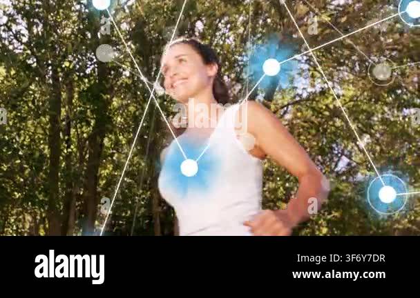 Woman jogging for exercise motion sparking blue nodes lines expanding ...