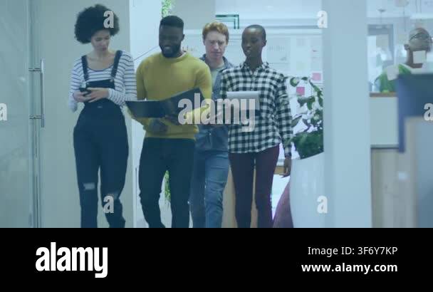 Animation of 3d structure of lines over diverse coworkers walking and ...