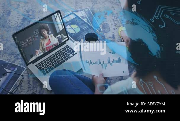 Animation of microprocessor connections over woman holding a document ...
