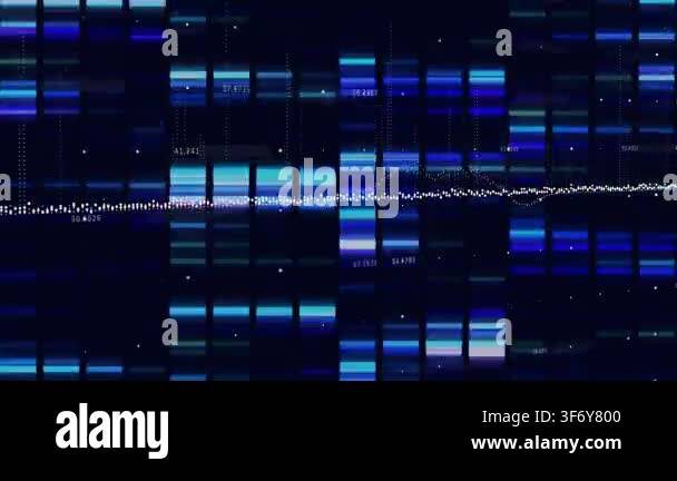 Animation of data processing over blue grid on black background. Global ...