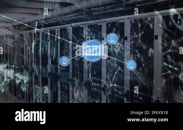Animation of network of connections with icons and data processing over ...