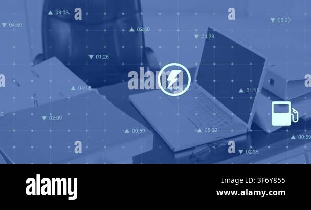 Animation of multiple digital icons and data processing against close ...