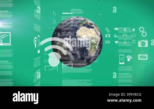 Animation of digital icons and graphs surrounding Earth on green ...