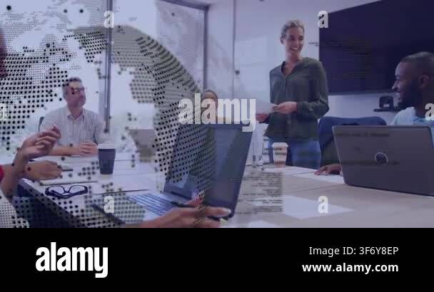 Lead raising pages, sharing update in business meeting, dotted-globe ...