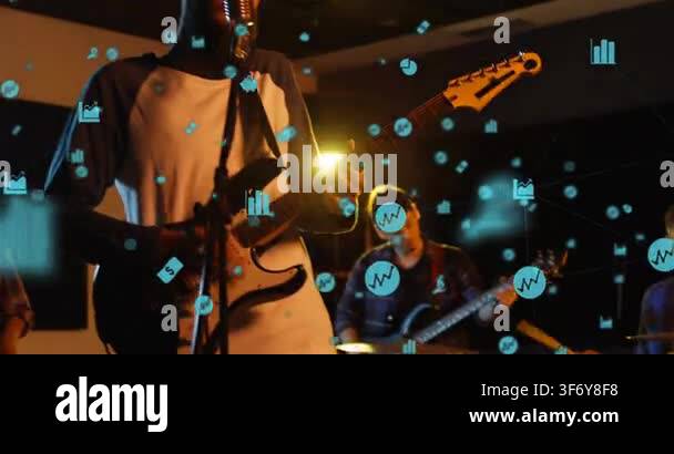 Lead singer stepping in gripping guitar mic cam zooming as blue icons ...