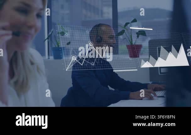 Man typing while woman speaking, HUD showing business charts, map ...