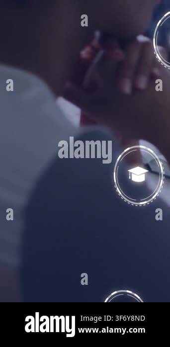 Vertical video: Woman leaning on hands, book chart icons appearing by ...