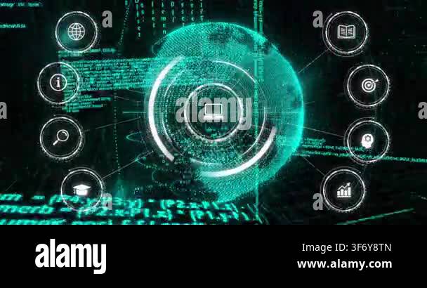 On load teal globe assembling, rings rotating, laptop icon pulsing ...