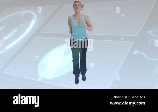 Female fitness presenter jogging in place demonstrating cardio ...