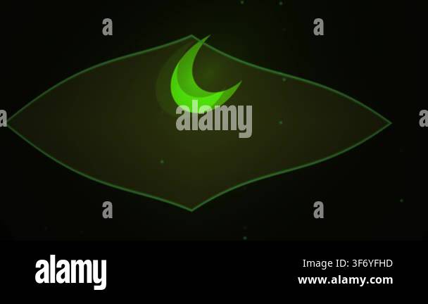 A minimalist digital animation featuring a vibrant green crescent moon ...