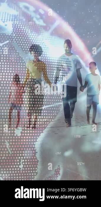 Vertical video: Family walking toward camera causing globe data overlay ...