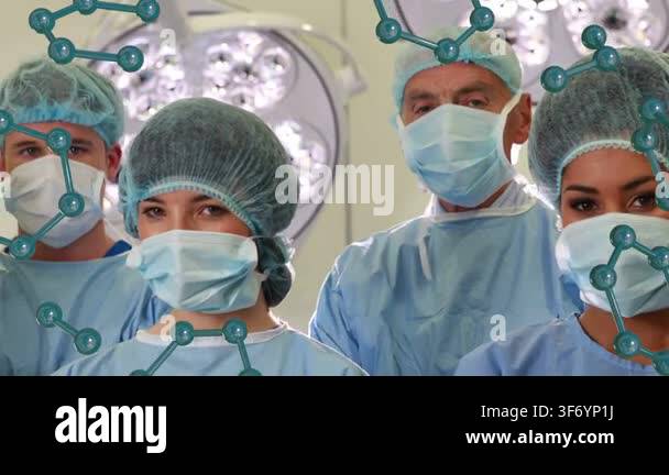 Surgical team standing, camera pulling back, molecular overlay drifting ...