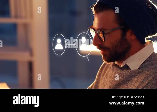 Man typing using phone at desk, circle icon by glasses growing network ...