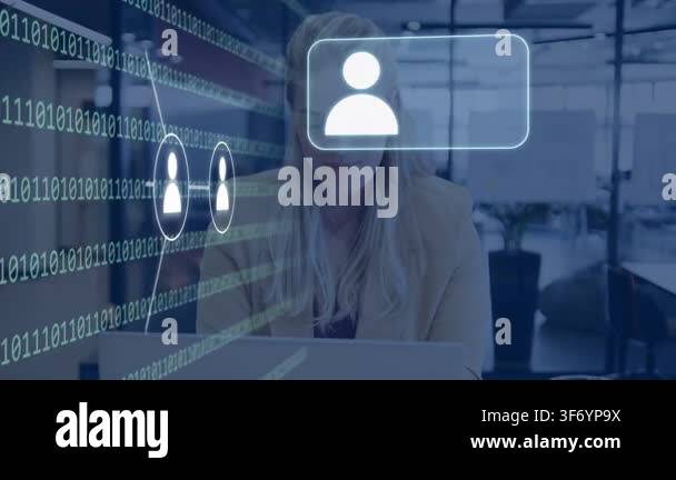 Woman typing laptop in office, starting binary code and user icons ...