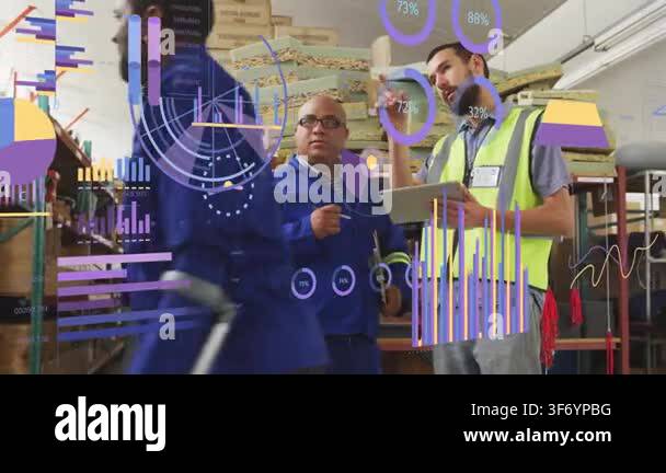 Lead tapping tablet, tech pointing shelves, data overlays highlighting ...