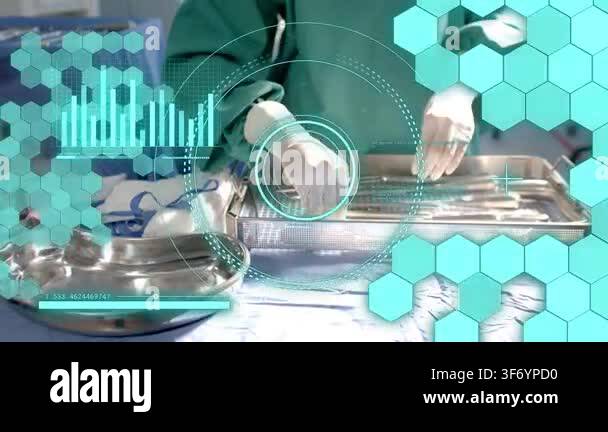 Gloved hands reaching into tray, scrub surgeon aligning tools for ...