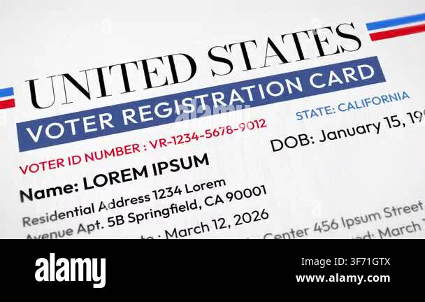 US voter registration card template with placeholder text and identity ...