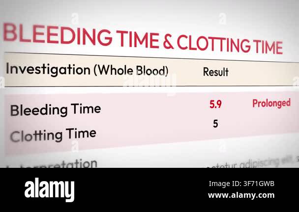 Blood test results showing prolonged bleeding and clotting time with ...