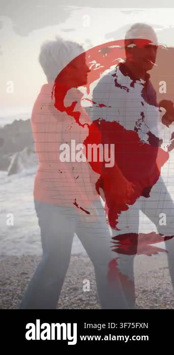 Vertical video: Senior couple entering, walking shore for health, red ...