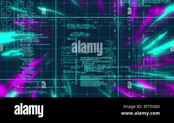 Animation of data processing and purple and green digital waves against ...
