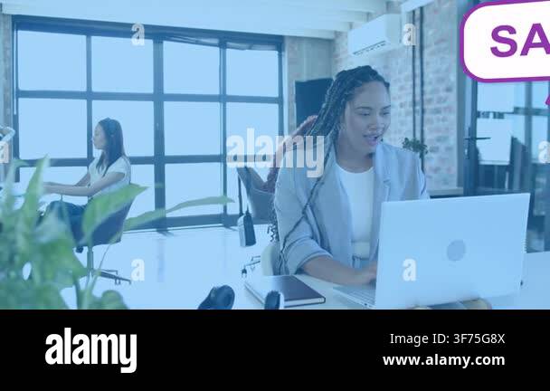 Lead woman typing at laptop, social CTAs sliding from edges, obscuring ...