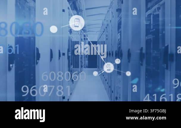 Animation of network of connections with digital icons and numbers over ...