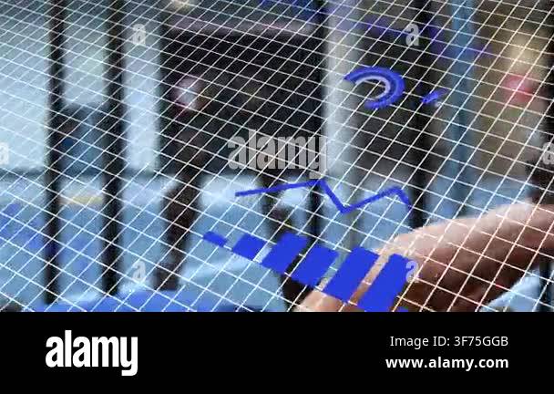 Bearded man touching blue charts over grid mesh, expanding UI and ...