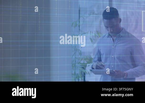 Tech worker tapping tablet with stylus, activating grid and floating UI ...