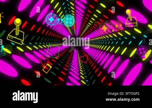 neon tunnel pulsing, rotating, camera pushing forward, glyphs drifting ...