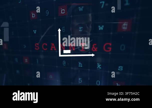 Animation of connections, scanning and graphs on navy background ...