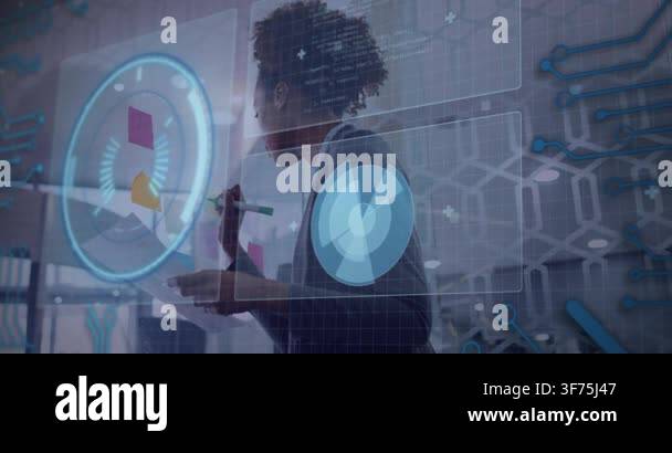 Animation of data processing against african american woman wiriting on ...