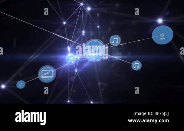 Animation of network of connections with icons over black and blue ...