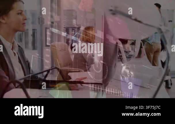 Animation of radar, loading bars and graph on caucasian businesswoman ...