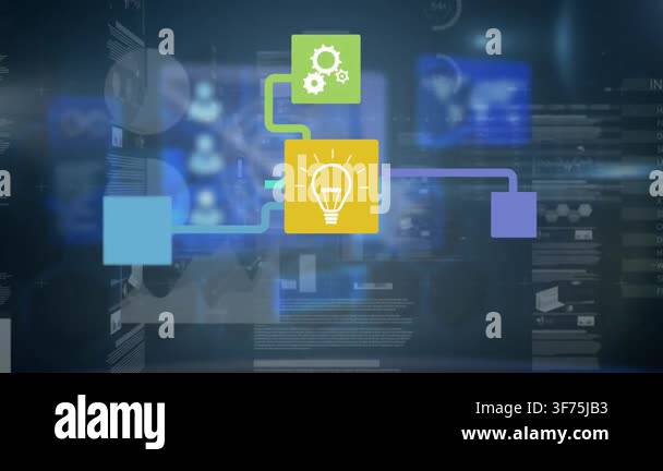 Animation of network of digital icons and screens with data processing ...