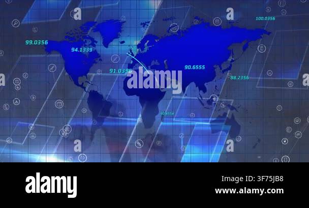 Animation of network of digital icons and multiple numbers over world ...