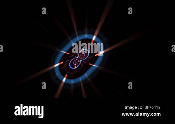 Glowing infinity symbol surrounded by colorful light rays on a dark ...