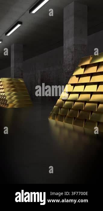 Vault full of gold ingots - camera moving forward - 3d 4k vertical ...