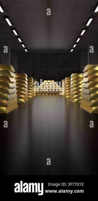 Vault full of gold ingots - camera moving forward - 3d 4k vertical ...
