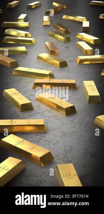 Scattered gold ingots - camera flying around - 3d 4k vertical animation ...