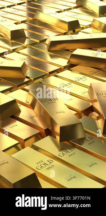 Gold ingots - camera moving sideways - 3d 4k vertical animation (2160 x ...