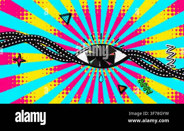Pop art retro animation with camera shutter eye and film strips on ...