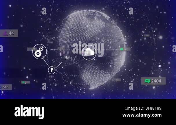 Luminous dotted globe appearing, building icon network and floating ...